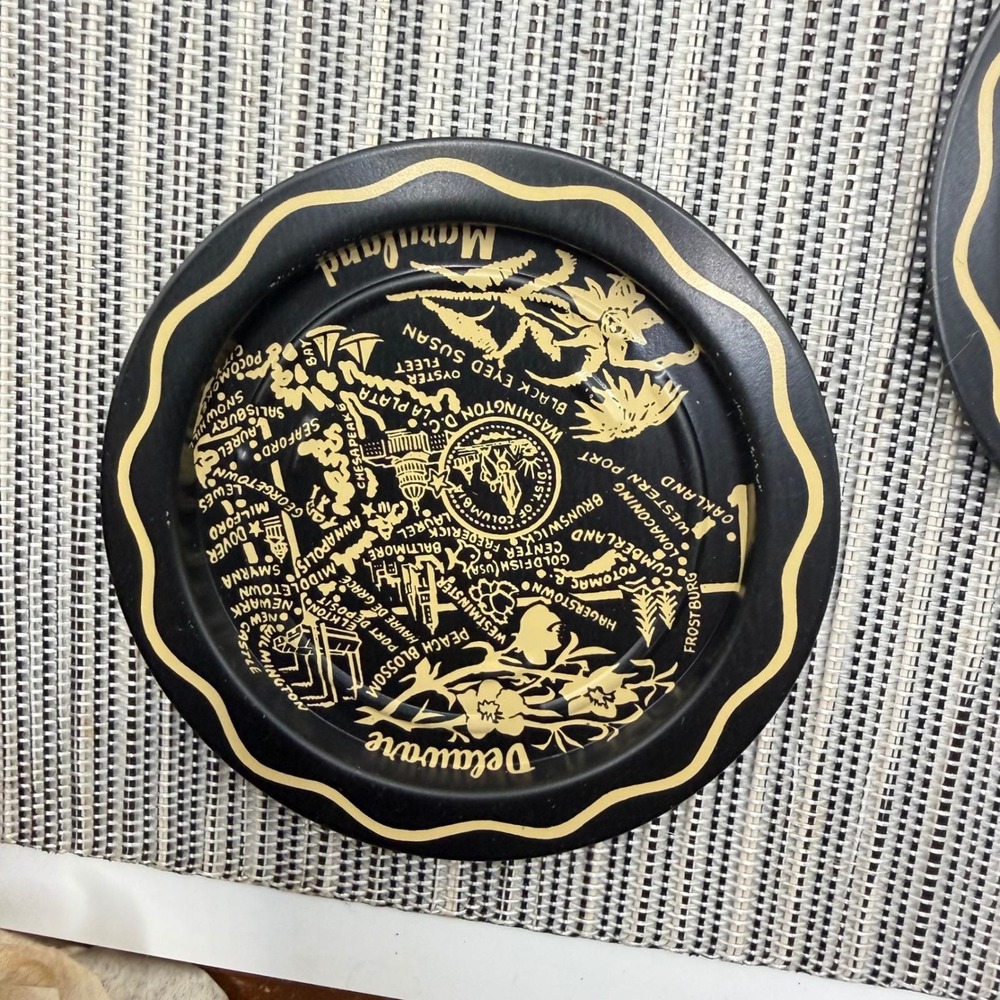 Vintage Maryland Delaware DC Souvenir Metal Coasters Set of 4 Black Gold Map Tin - Picture 4 of 5